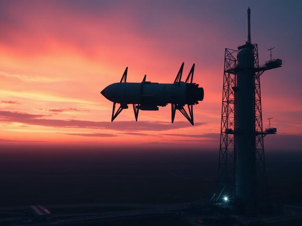 A returning rocket booster being caught by the launch tower at dawn